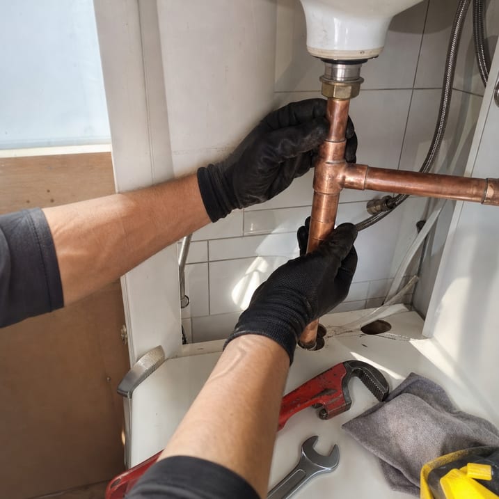 mains gantées vérifiant tuyauterie en cuivre