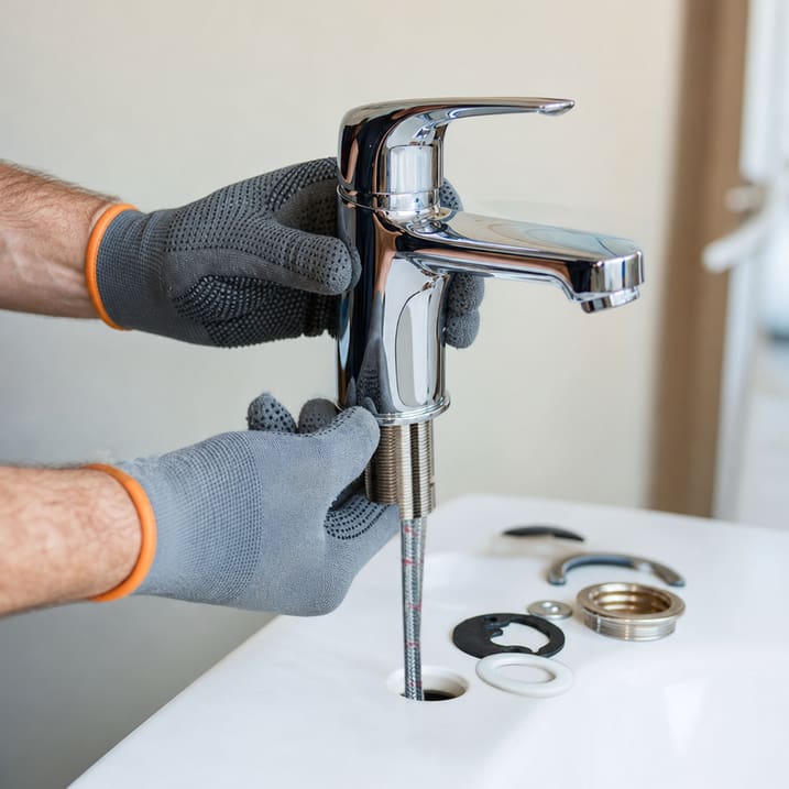 installation robinet lavabo mains gantées