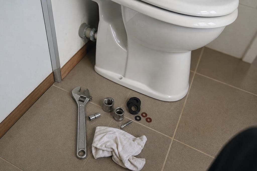 outillage posé près cuvette de WC