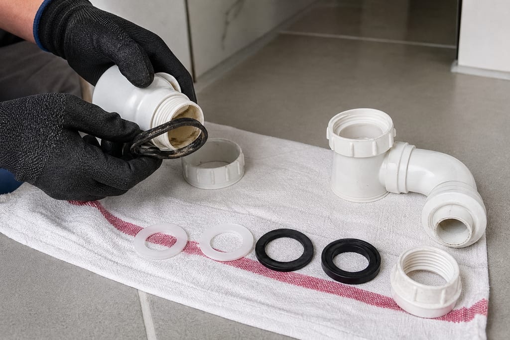gros plan siphon démonté avec joints neufs